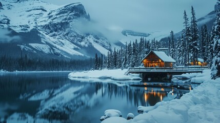 Fototapeta premium Emerald Lake in Yoho National Park, British Columbia, offers a picturesque winter landscape. The snow-covered pine forests