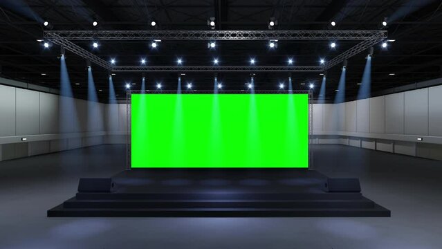 Motion Empty stage Design for mockup and Corporate identity,Display.Stage green screen in hall.Blank screen for Graphic Resources.Scene event led night light staging.Animation loop 4k.3D render.