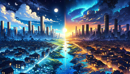 landscape of beautiful day and night.