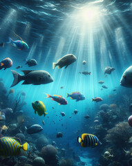 Fototapeta premium 涼しげな光景、熱帯魚がいっぱいのガラスの水槽、涼感伝わる熱帯魚たち