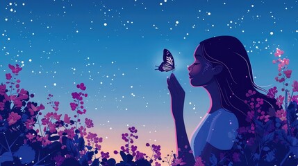 vector flat illustration of a beautiful black woman with long hair holding a butterfly, with a blue sky and stars background, 