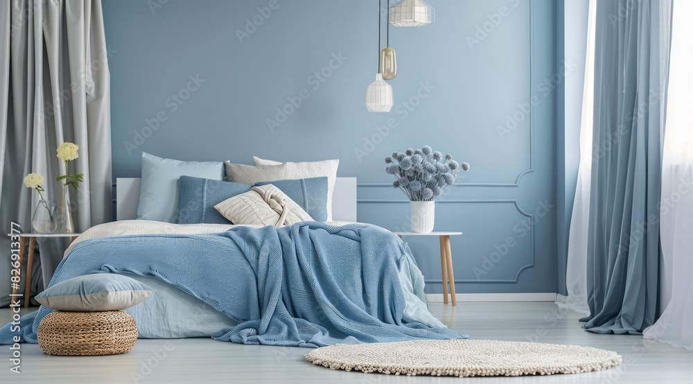 Wall mural Modern bedroom with pastel blue decor, showcasing pastel blue throw pillows, a pastel blue area rug, and contemporary lighting - Wall murals