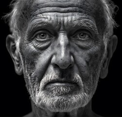 Obraz premium an wrinkled man in serious thought, black and white closeup portrait