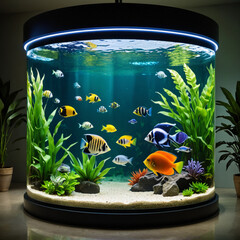 涼しげな光景、熱帯魚がいっぱいのガラスの水槽、涼感伝わる熱帯魚たち