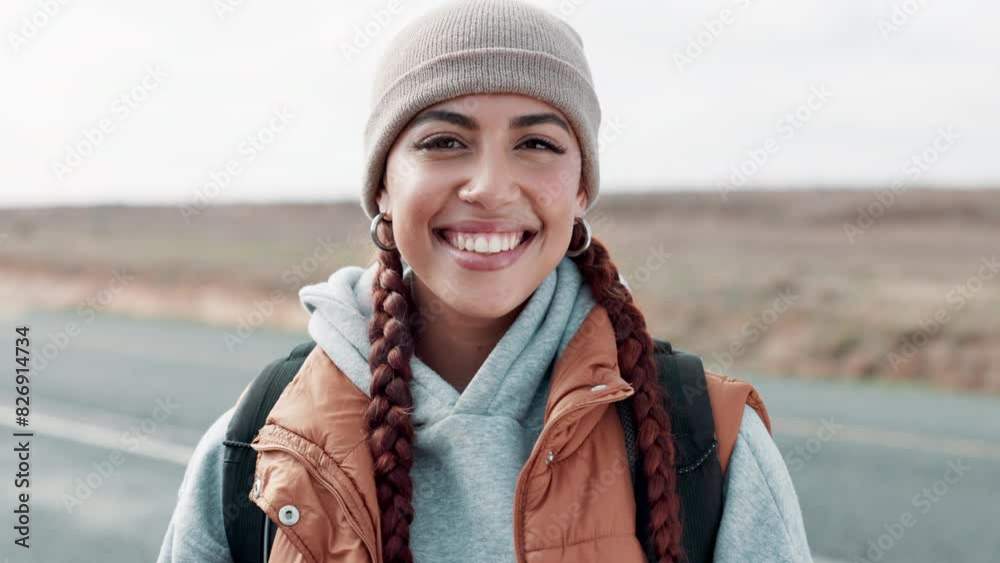 Sticker Highway, hiking and portrait of woman in countryside for journey, safety or immigration. Smile, travel and person with backpack for freedom, flee conflict or waiting for lift on road in America