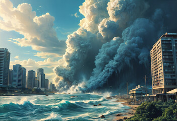 A huge wave hits a metropolis or major city. The concept of disasters. Tsunami. For posters, banners, backgrounds, with copy space.