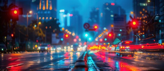 Glowing traffic lights and headlights from cars