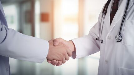 A doctor and patient shaking hands in agreement in a hospital
