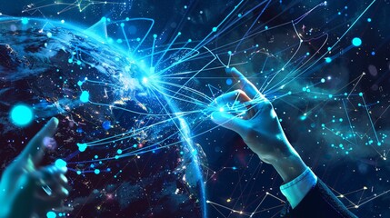 A dynamic illustration of hands conducting a virtual orchestra. One hand gestures dramatically, while the other hand pinches a glowing blue data point. Lines of blue light connect the data point to