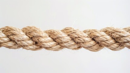 White background showcasing a lengthy ancient rope crafted from natural material