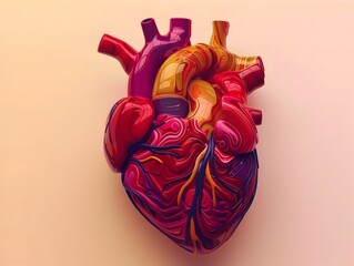 Vibrant 3D Anatomical Heart with Layered Textures and Vibrant Colors
