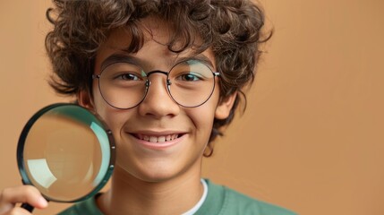 smiling happy teenager boy looking through a magnifying glass
