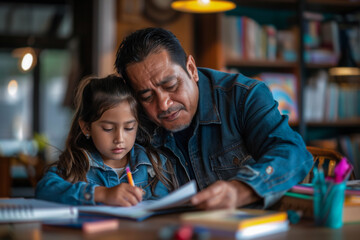 A father assisting his young daughter with her homework in a cozy study room, fostering learning and bonding