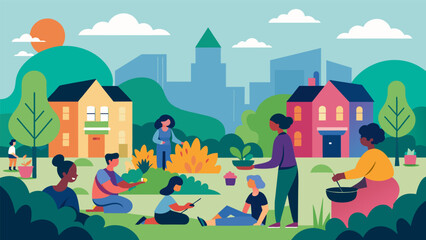 A sense of peace and serenity as neighbors escape the hustle and bustle of city life and connect with nature in their communal garden.. Vector illustration