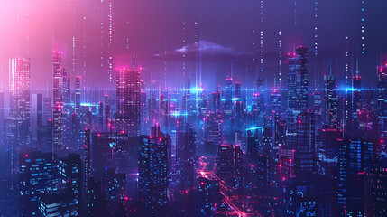 Obraz premium A digital transformation conceptual image featuring a futuristic cityscape with holographic data overlays and next-generation technology elements, with ample space for text on a clean, minimal