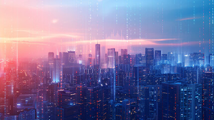 Fototapeta premium A digital transformation conceptual image featuring a futuristic cityscape with holographic data overlays and next-generation technology elements, with ample space for text on a clean, minimal
