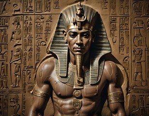 Muscular pharaoh, contemporary version of ancient Egypt with hieroglyphs