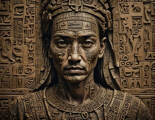 illustration of ancient Egyptian model with hieroglyphs in relief, stylized portrait of Egyptian princes from ancient Egypt