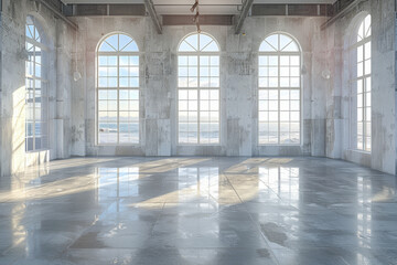 Fototapeta premium Stylish But Empty Modern Loft Interior with Ocean View, Polished Concrete Floors, and Sunlit Large Windows - 3D Render...