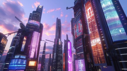 A sleek, futuristic cityscape at dusk, illuminated by neon lights and holographic billboards. The skyline is dominated by towering skyscrapers adorned with intricate patterns. 
