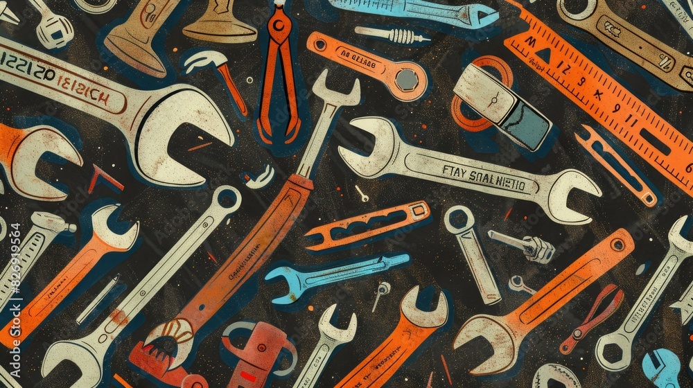 Wall mural a collection of tools, including orange scissors and a white and blue tool, are arranged on a surface alongside a black and white sign