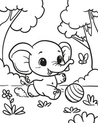 Little elephant playing ball. Coloring book
