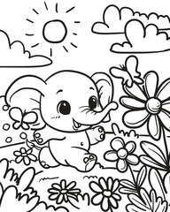 little elephant playing in the flower garden. coloring book
