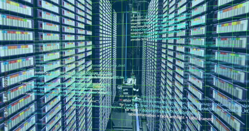Poster image of computer language and grid over data server racks