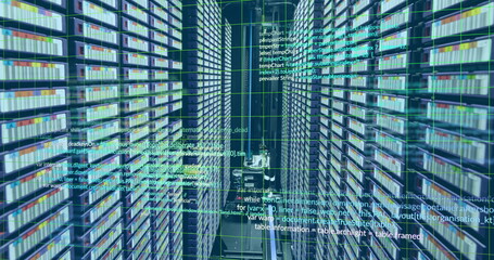 Image of computer language and grid over data server racks