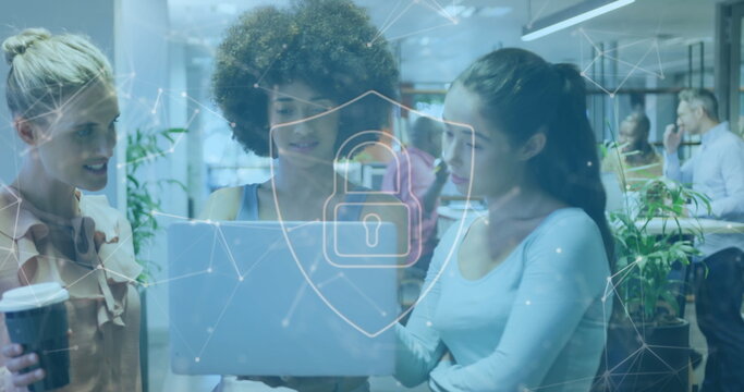 Image of online security padlock and data processing over diverse business people in office
