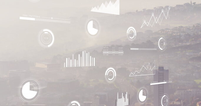 Image of multiple graphs, loading circles and bars over fog covered modern cityscape - Powered by Adobe
