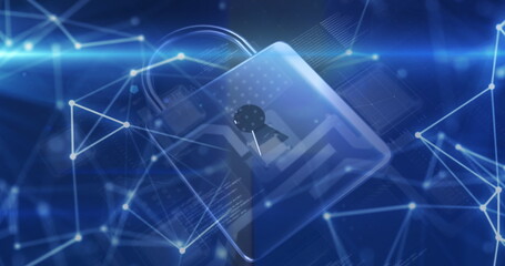Image of connected dots, padlock and computer language over abstract background