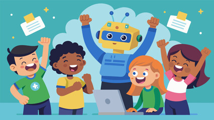 Excited chatter fills the air as groups of kids test out the code they wrote for their robots cheering when they successfully complete a task.. Vector illustration