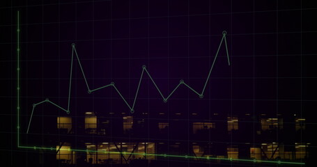 Image of graphs and grid pattern over illuminated modern building in background