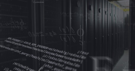 Image of mathematical equations and data processing against computer server room