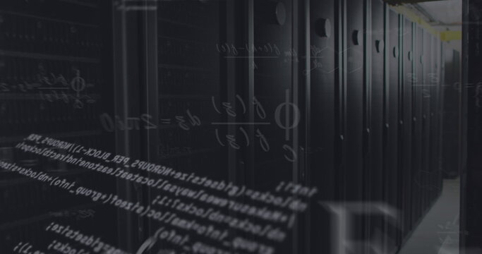 Image of mathematical equations and data processing against computer server room