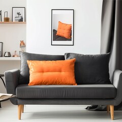 Orange pillow on dark grey sofa UHD Wallpapar