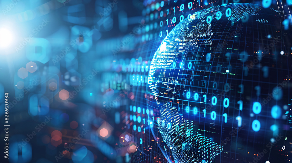 Poster a conceptual image of a globe surrounded by digital binary code, illustrating global digital transfo