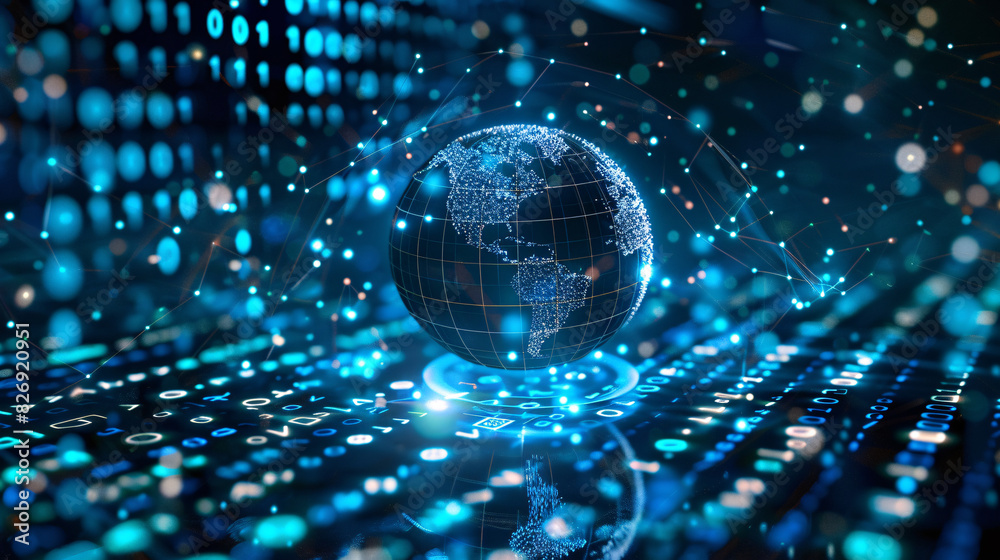 Poster a conceptual image of a globe surrounded by digital binary code, illustrating global digital transfo