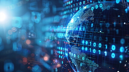 Obraz premium A conceptual image of a globe surrounded by digital binary code, illustrating global digital transformation and technology, with space for your text.