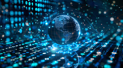 A conceptual image of a globe surrounded by digital binary code, illustrating global digital transformation and technology, with space for your text.