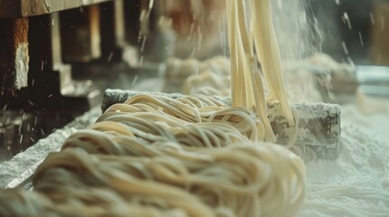Close-up of noodle formation from machine, smooth and rhythmic, flour dust creating a delicate haze, factory elegance
