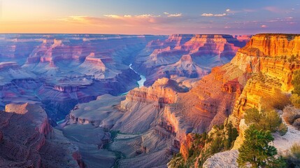 Fototapeta premium Breathtaking Sunset View of the Grand Canyon with Brilliant Colors Illuminating the Rugged Rock Formations and the Majestic Colorado River Below