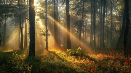 Fototapeta premium landscape forest with mountains and fog. grass field wallpaper. landscape forest with fog wallpaper. landscape mountains with fog wallpaper. forest with fog background. Fantasy landscape forest.