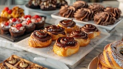 Fresh chocolate filled buns along with a variety of pastries displayed on the countertop