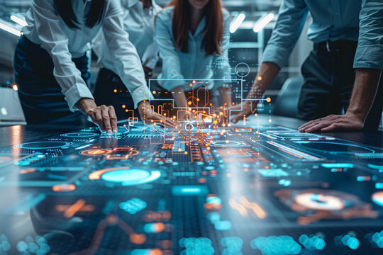 A business team collaborating with holographic tools, demonstrating digital transformation in teamwork, with space for text.