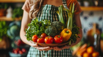 Woman in a apron holding a bowl of fresh, organic vegetables, including tomatoes, lettuce, broccoli, and yellow pepper, woman holding fresh organic vegetables in kitchen. - Powered by Adobe