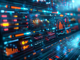 Fototapeta premium A futuristic digital dashboard with real-time data analytics, illustrating digital transformation in information processing, with space for text.