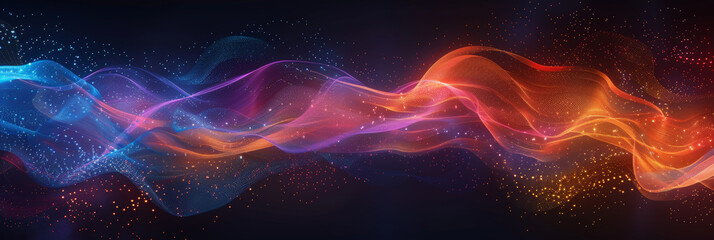 Obraz premium 3d dark purple orange with blue neon lines wave dots representing digital binary data. Concept for big data, deep machine learning, artificial intelligence, business technology ,futuristic 