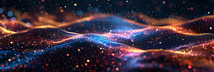 Obraz premium 3d dark purple orange with blue neon lines wave dots representing digital binary data. Concept for big data, deep machine learning, artificial intelligence, business technology ,futuristic 